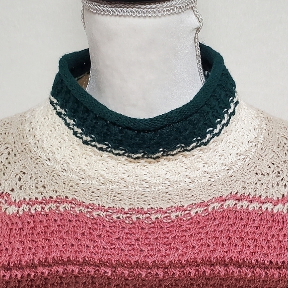 VINTAGE 80s Pastel Stripe Chunky Knit Mock Neck Cropped Sweater Paris Sport Club - Picture 6 of 14